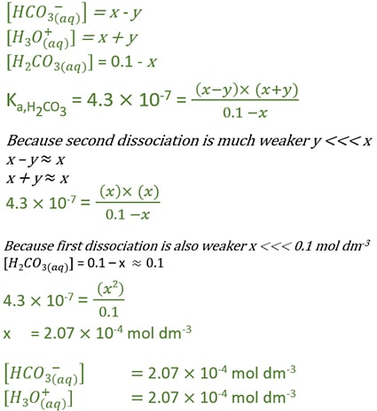 find H+ ion concenration in carbonic acid H2CO3 aqueous solution